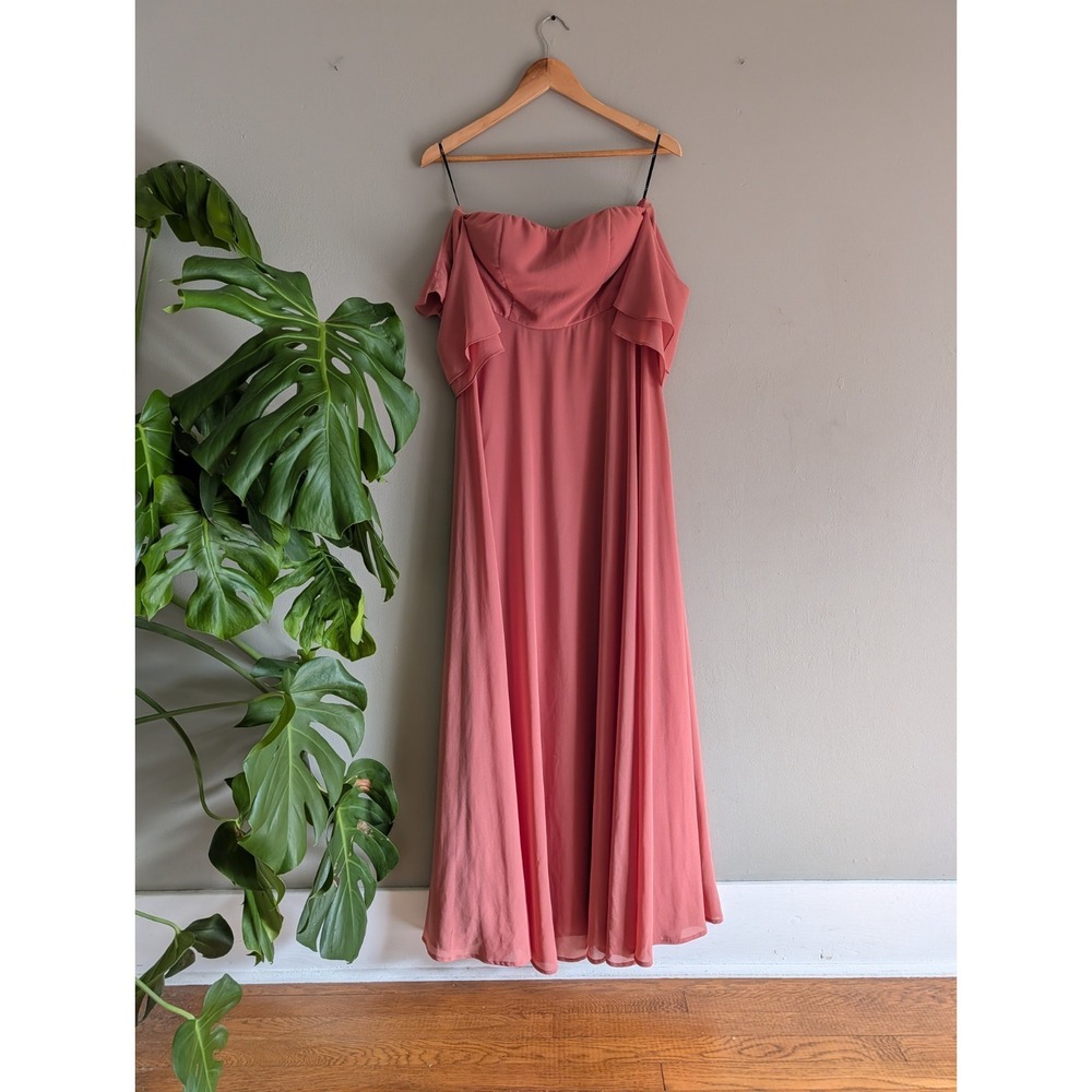 Lulus Abbington Gown Off Shoulder Flutter Sleeve Dusty Rose Chiffon Bridesmaid - Picture 6 of 16